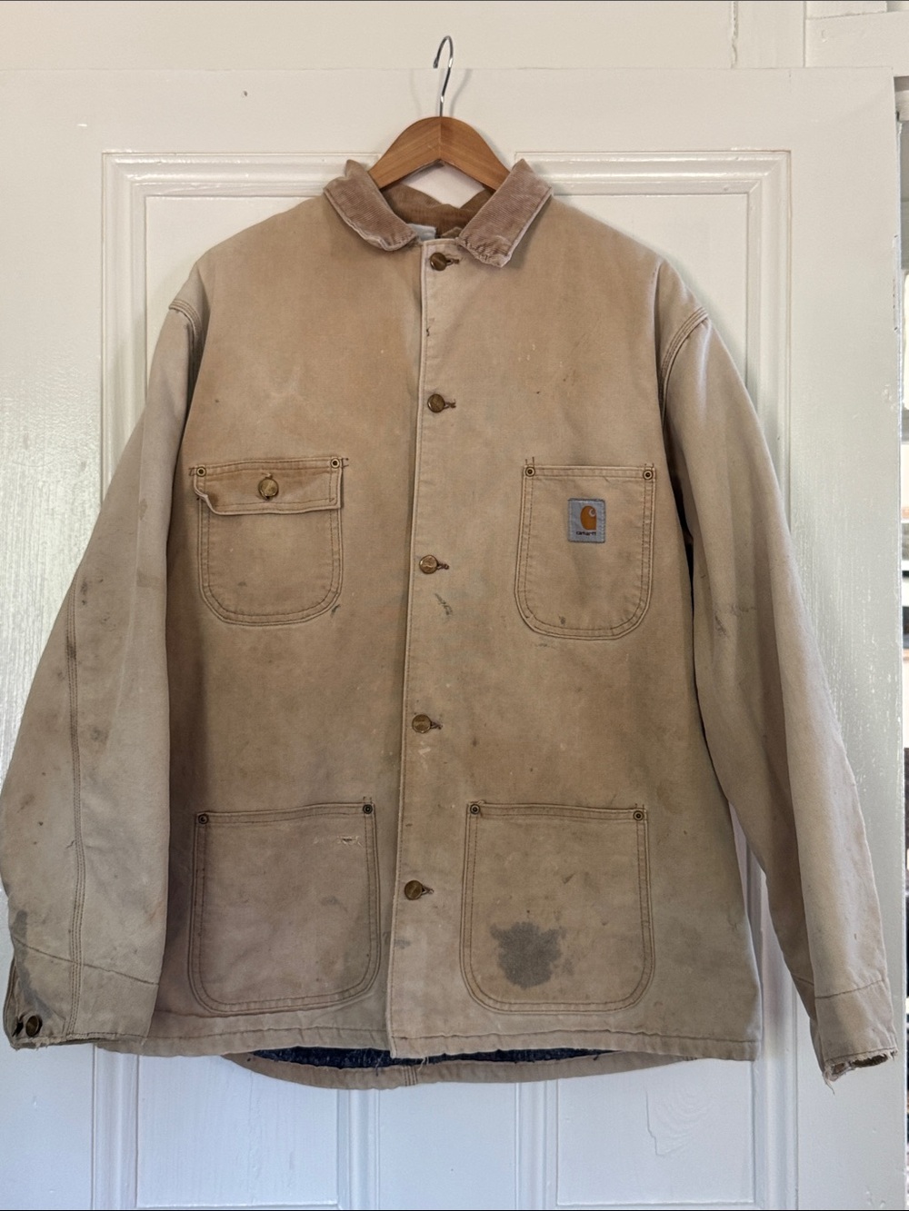 Carhartt Vintage Distressed Tan Sandstone Canvas Chore Coat Work Jacket